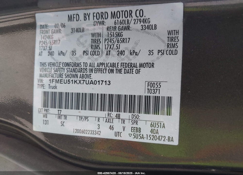 2007 FORD EXPLORER SPORT TRAC VIN: 1FMEU51KX7UA01713