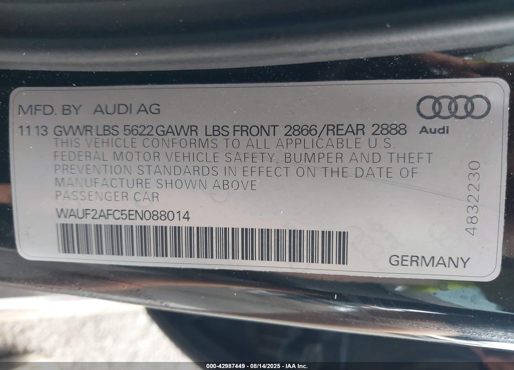 2014 AUDI S6 VIN: WAUF2AFC5EN088014