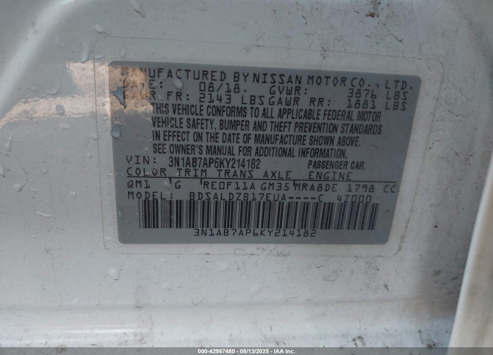 2019 NISSAN SENTRA VIN: 3N1AB7AP6KY214182