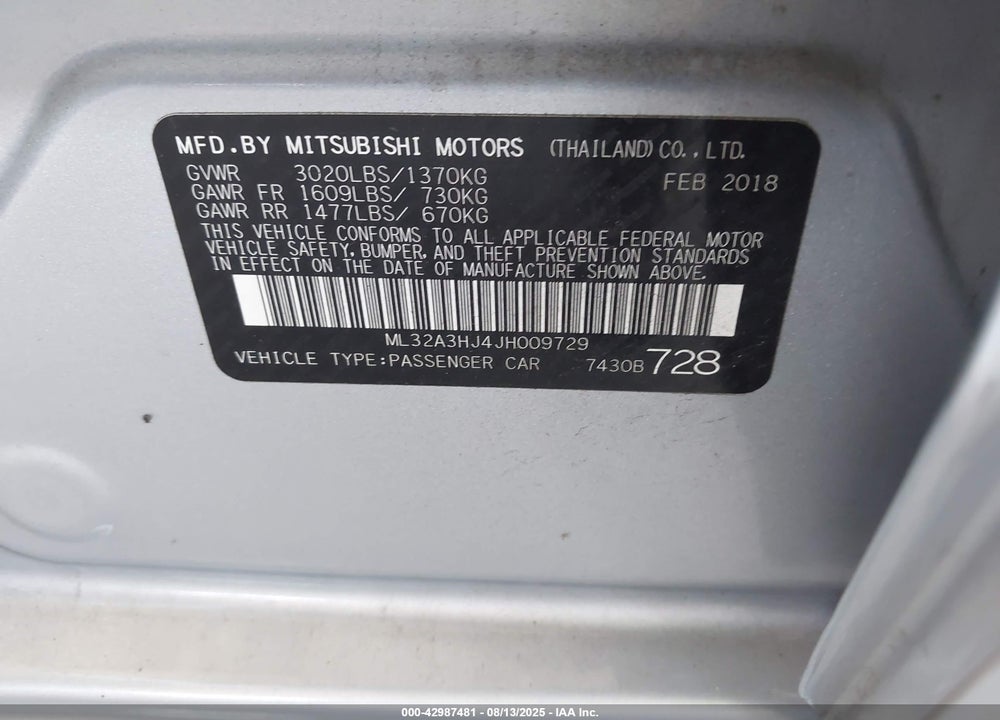 2018 MITSUBISHI MIRAGE ES VIN: ML32A3HJ4JH009729