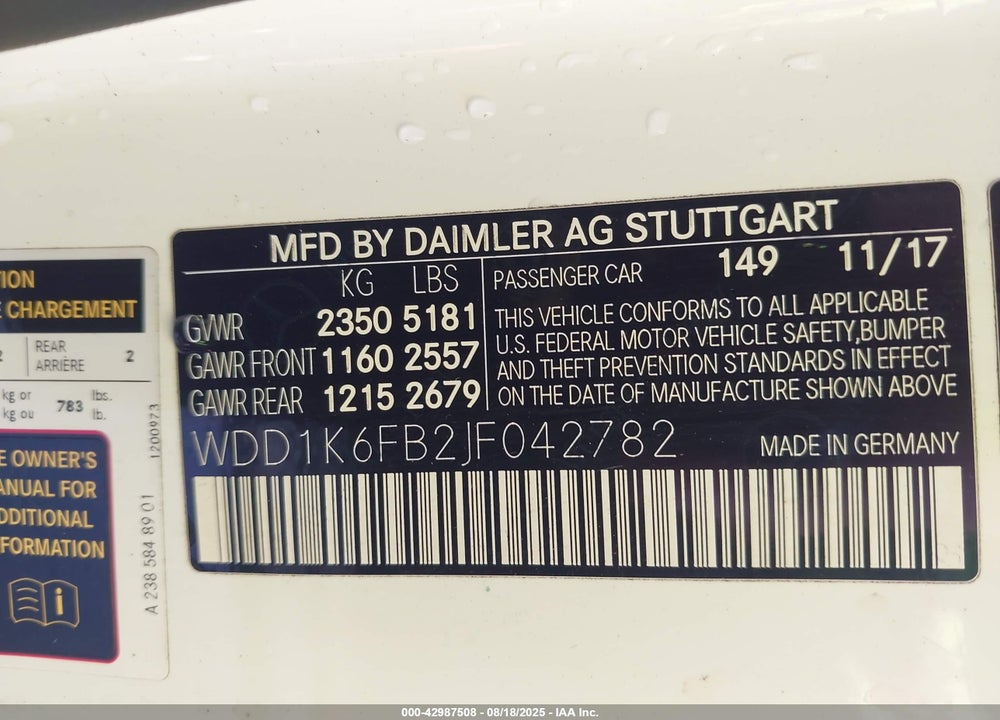 2018 MERCEDES-BENZ E-CLASS VIN: WDD1K6FB2JF042782