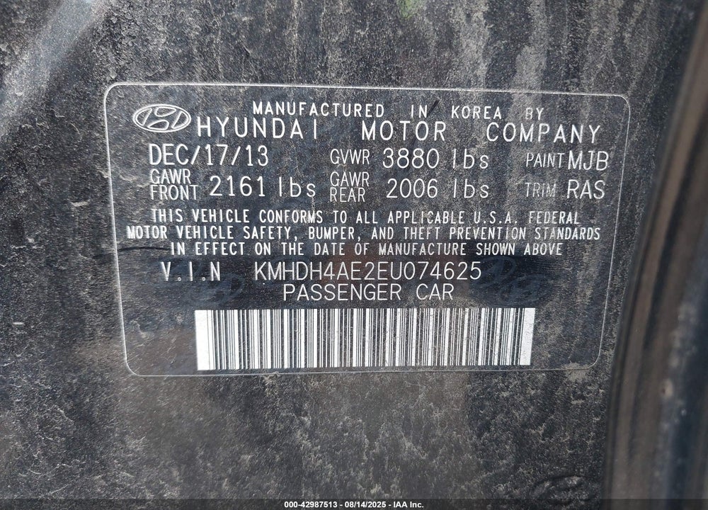 2014 HYUNDAI ELANTRA VIN: KMHDH4AE2EU074625