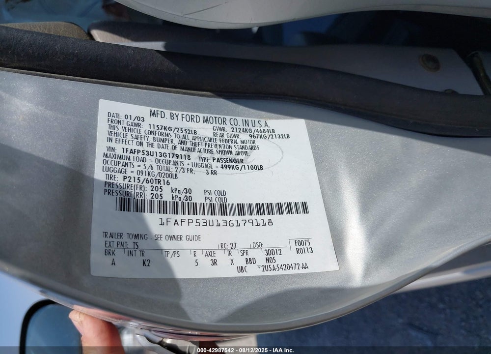 2003 FORD TAURUS SE VIN: 1FAFP53U13G179118