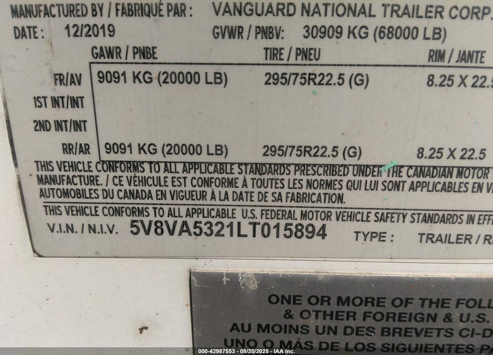 2020 VANGUARD NATIONAL --- VIN: 5V8VA5321LT015894