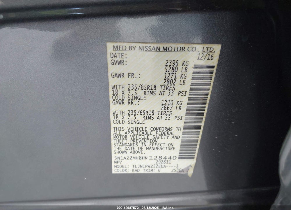 2017 NISSAN MURANO VIN: 5N1AZ2MH8HN128440