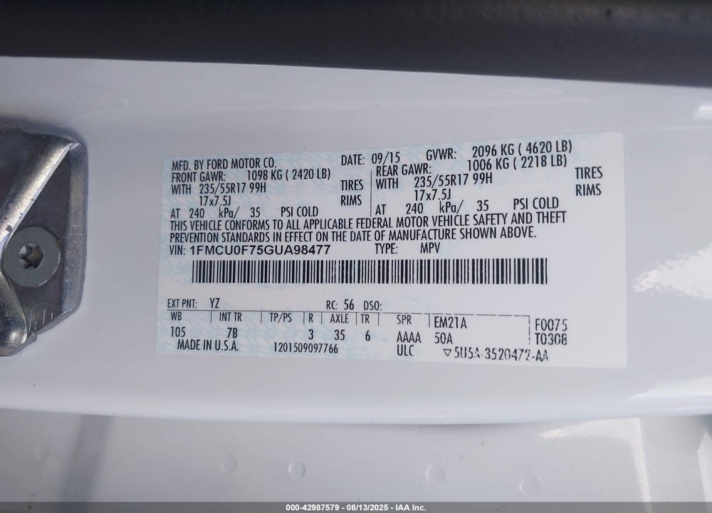 2016 FORD ESCAPE VIN: 1FMCU0F75GUA98477