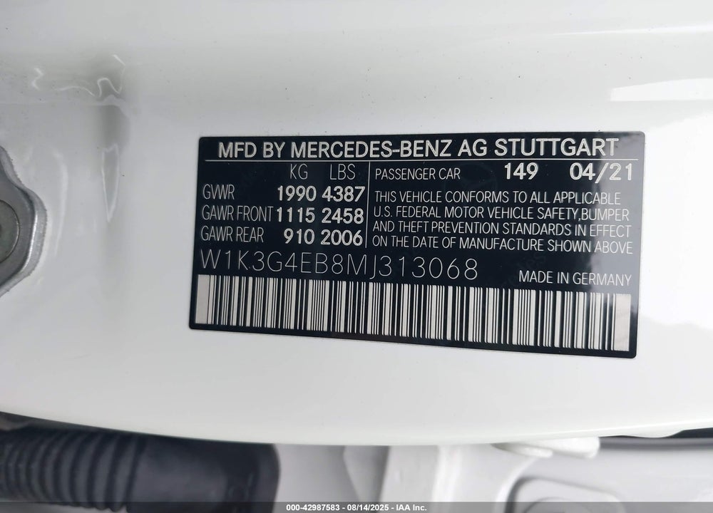 2021 MERCEDES-BENZ A-CLASS VIN: W1K3G4EB8MJ313068