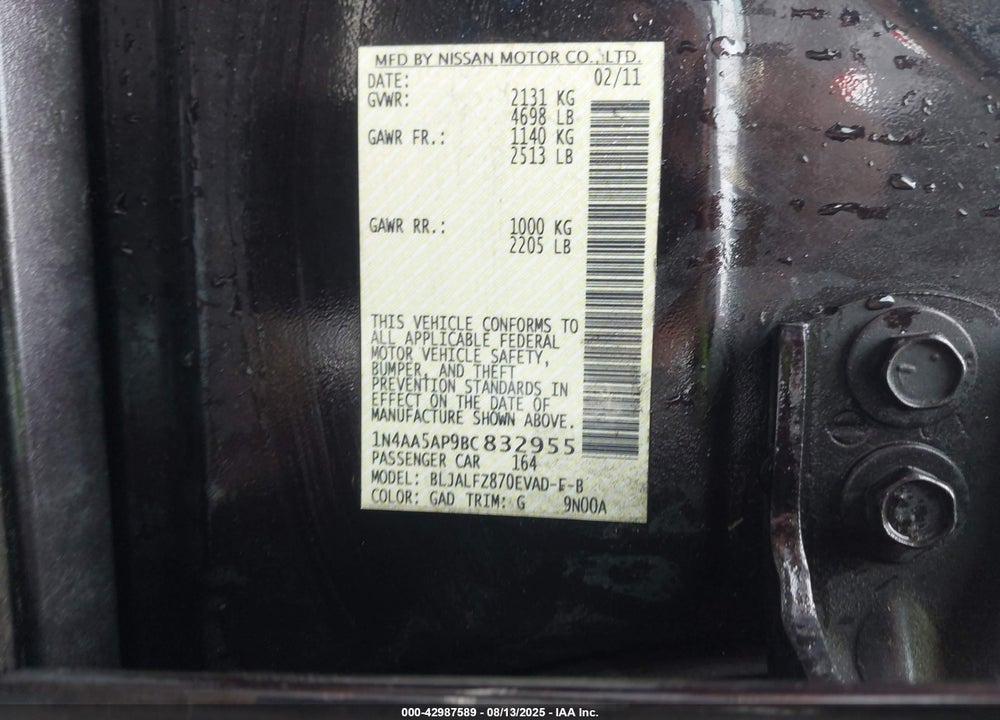 2011 NISSAN MAXIMA VIN: 1N4AA5AP9BC832955