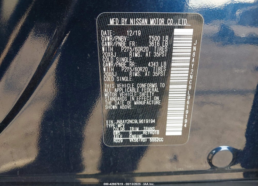 2020 NISSAN ARMADA VIN: JN8AY2NC9L9619194