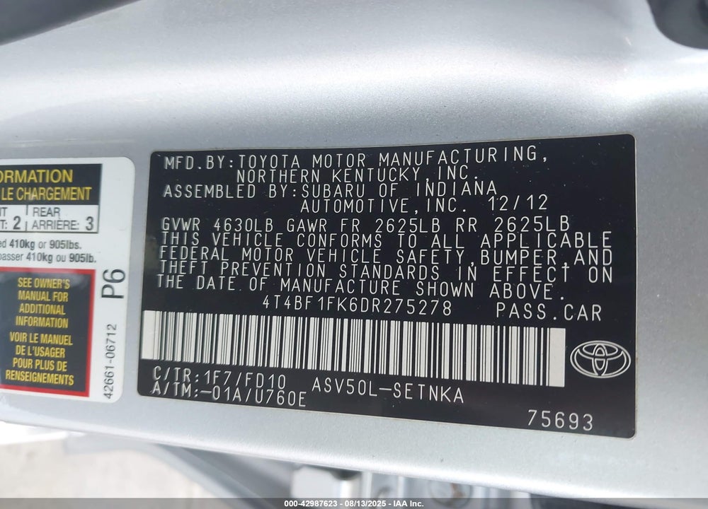 2013 TOYOTA CAMRY VIN: 4T4BF1FK6DR275278