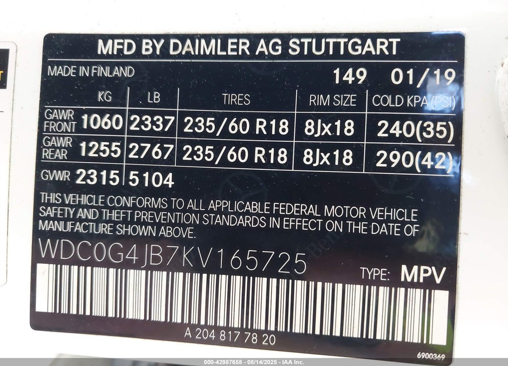 2019 MERCEDES-BENZ GLC CLASS VIN: WDC0G4JB7KV165725