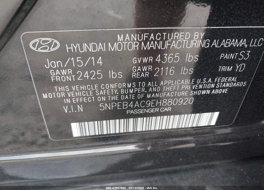2014 HYUNDAI SONATA VIN: 5NPEB4AC9EH880920