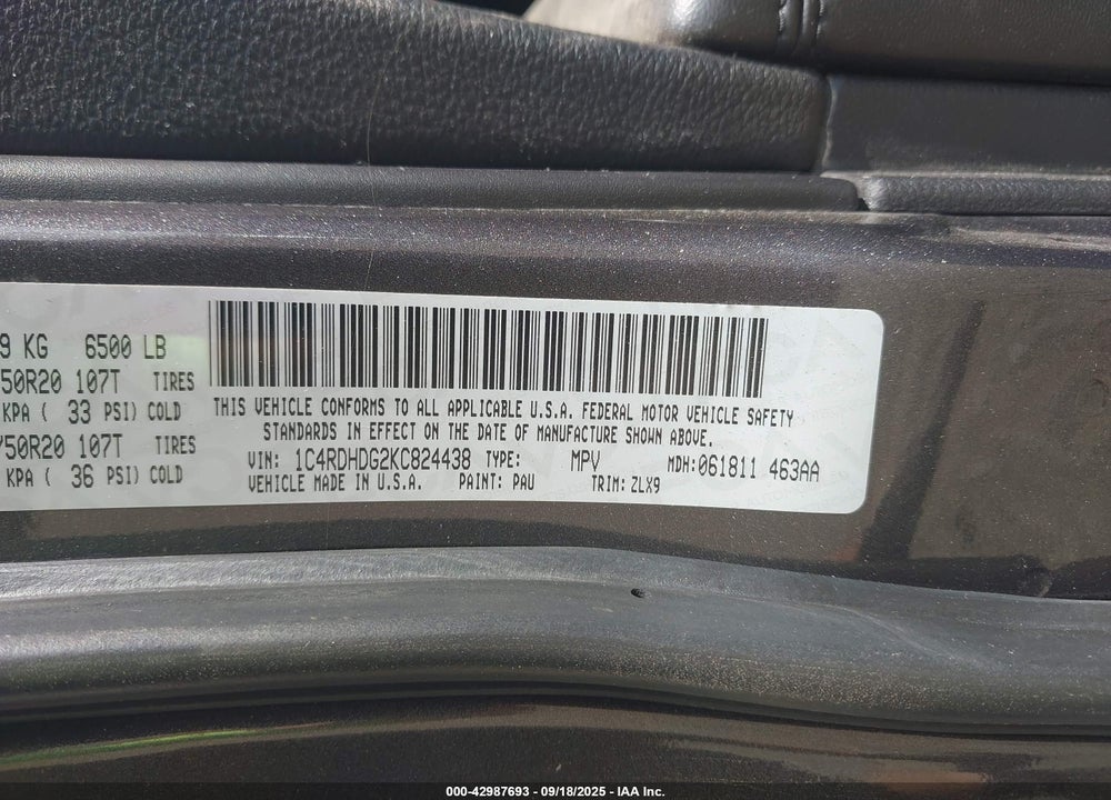 2019 DODGE DURANGO GT PLUS RWD VIN: 1C4RDHDG2KC824438