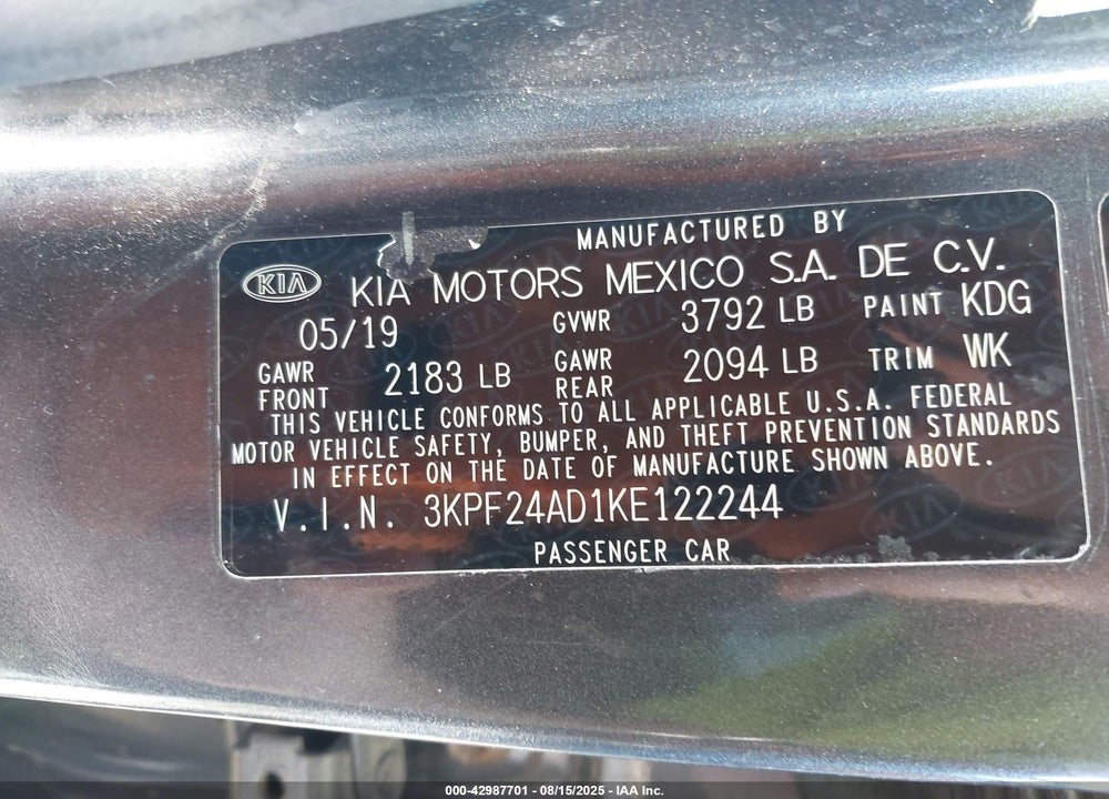 2019 KIA FORTE VIN: 3KPF24AD1KE122244
