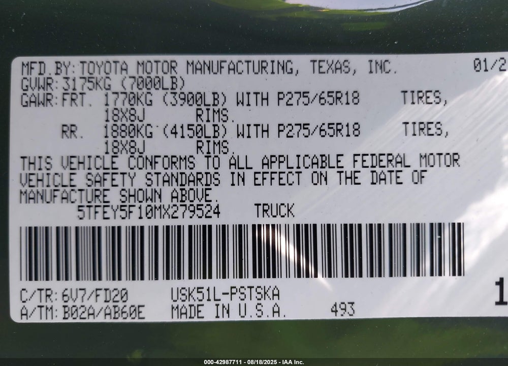 2021 TOYOTA TUNDRA VIN: 5TFEY5F10MX279524