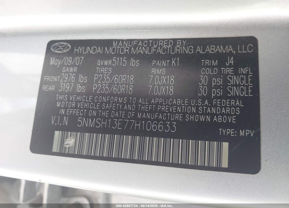 2007 HYUNDAI SANTA FE LIMITED/SE VIN: 5NMSH13E77H106633