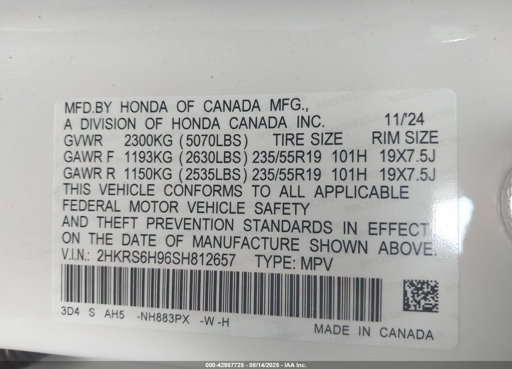 2025 HONDA CR-V VIN: 2HKRS6H96SH812657