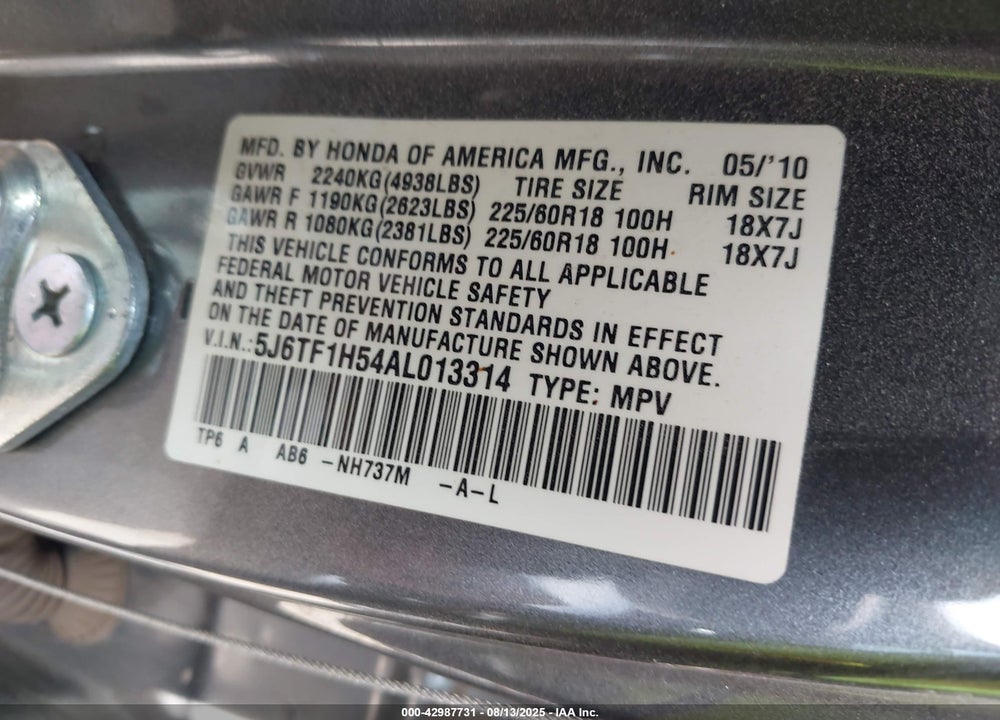 2010 HONDA ACCORD CROSSTOUR VIN: 5J6TF1H54AL013314