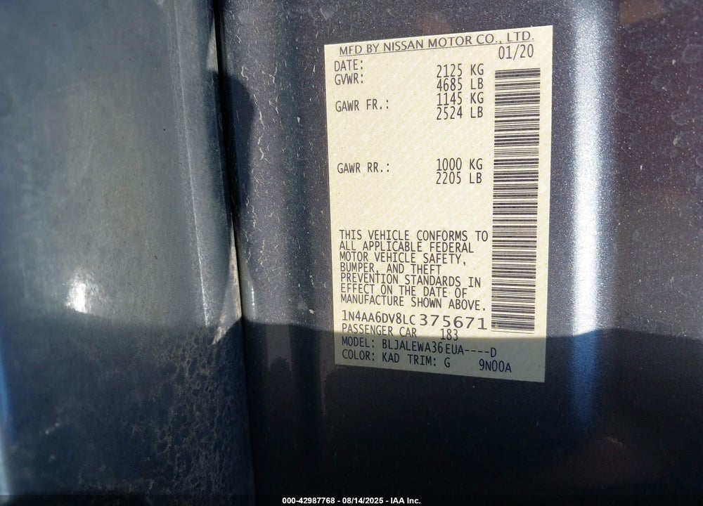 2020 NISSAN MAXIMA VIN: 1N4AA6DV8LC375671