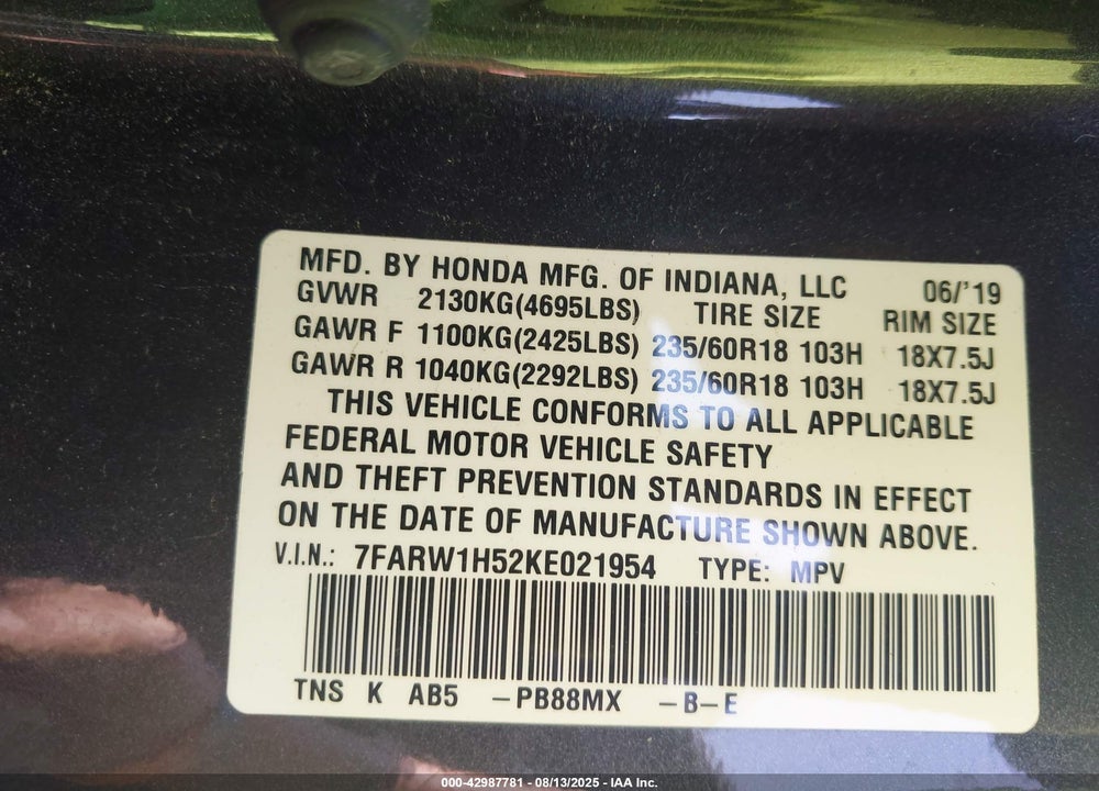 2019 HONDA CR-V EX VIN: 7FARW1H52KE021954