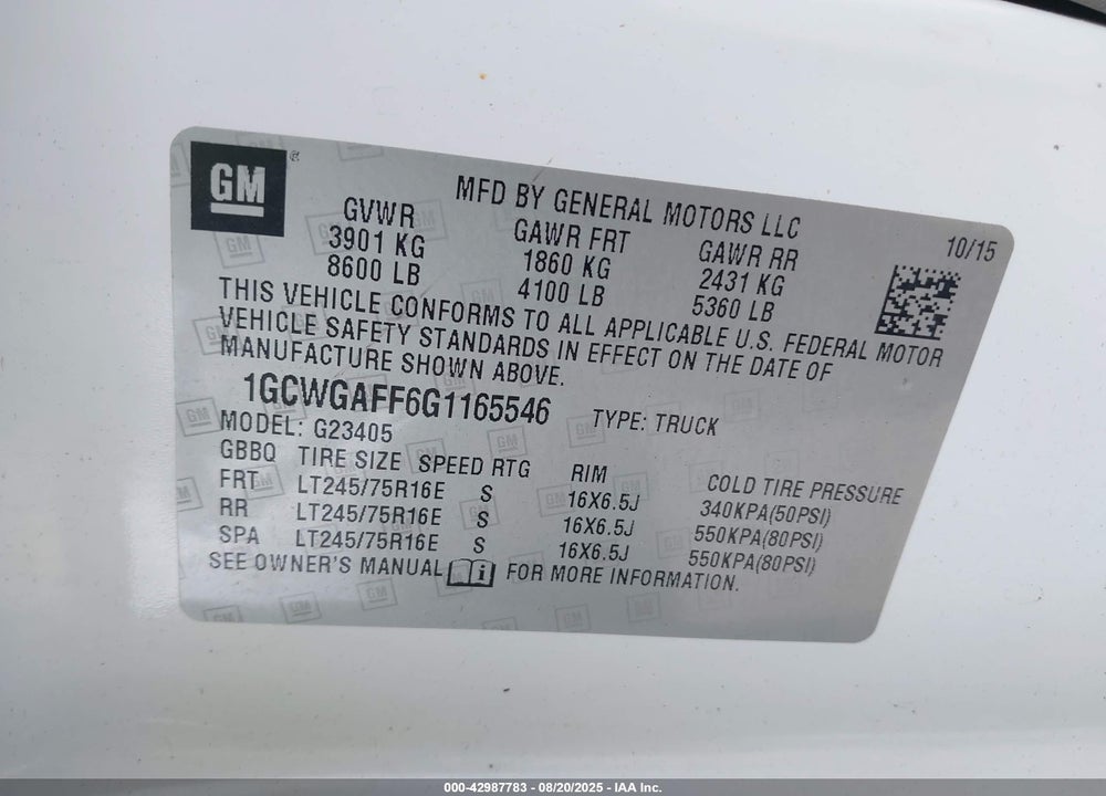 2016 CHEVROLET EXPRESS 2500 WORK VAN VIN: 1GCWGAFF6G1165546