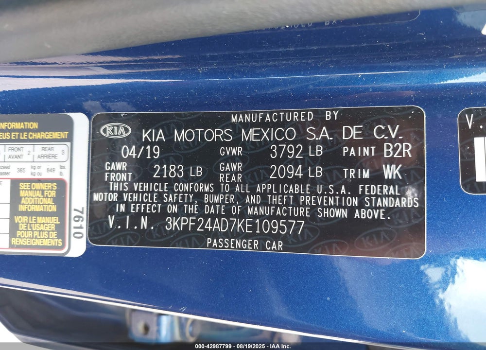 2019 KIA FORTE VIN: 3KPF24AD7KE109577