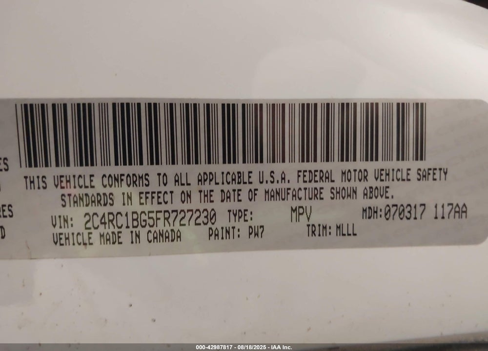 2015 CHRYSLER TOWN & COUNTRY TOURING VIN: 2C4RC1BG5FR727230