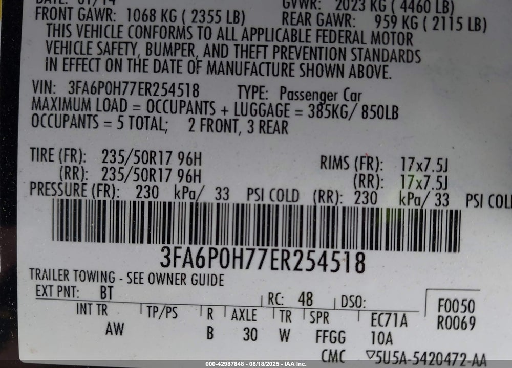 2014 FORD FUSION VIN: 3FA6P0H77ER254518