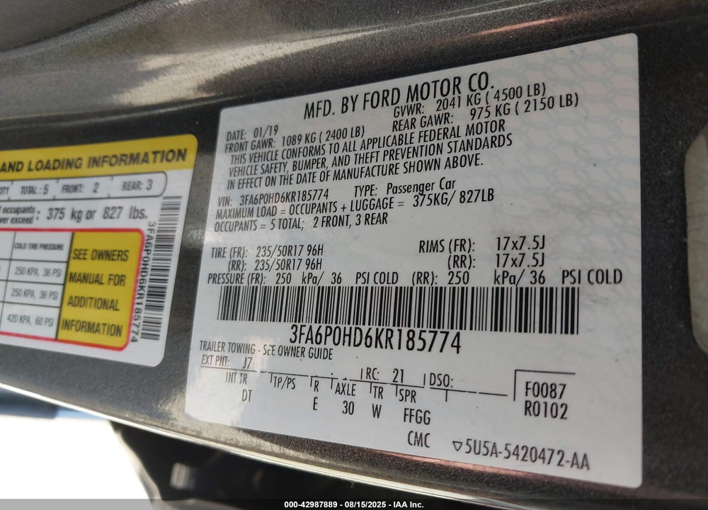 2019 FORD FUSION VIN: 3FA6P0HD6KR185774