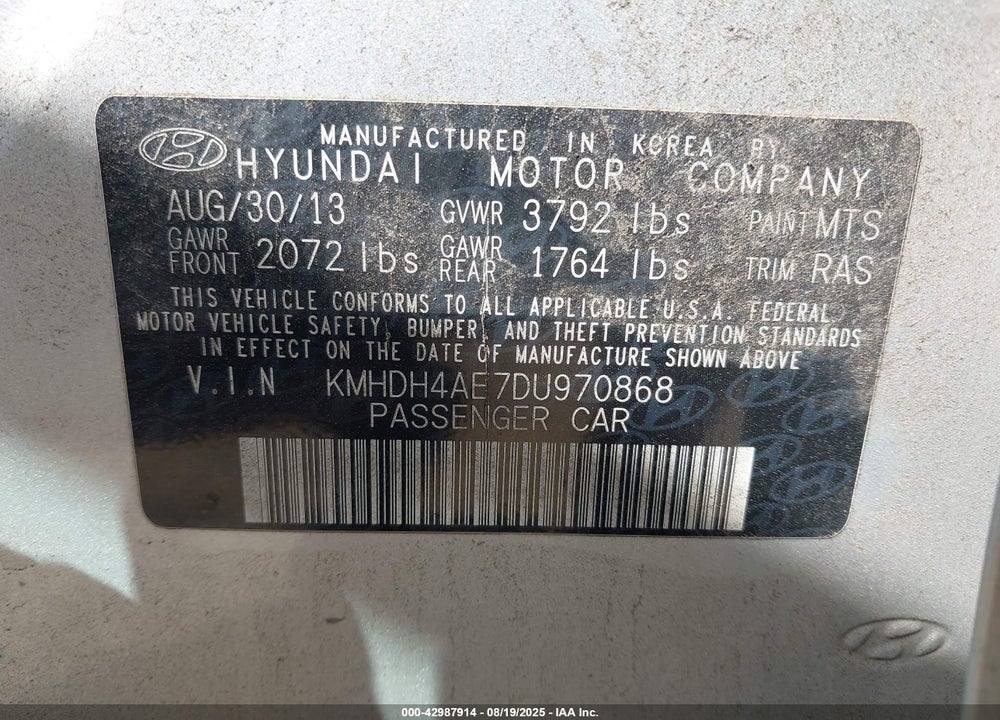 2013 HYUNDAI ELANTRA VIN: KMHDH4AE7DU970868