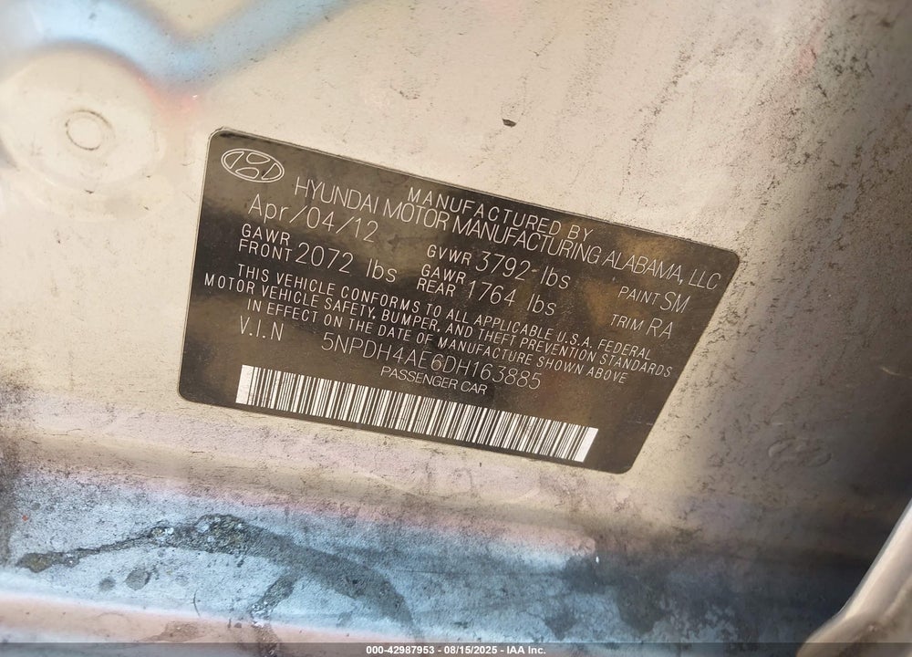 2013 HYUNDAI ELANTRA VIN: 5NPDH4AE6DH163885