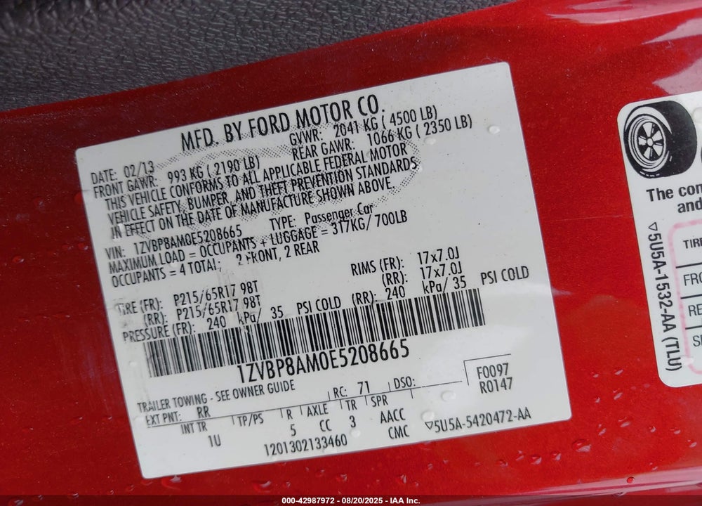2014 FORD MUSTANG VIN: 1ZVBP8AM0E5208665