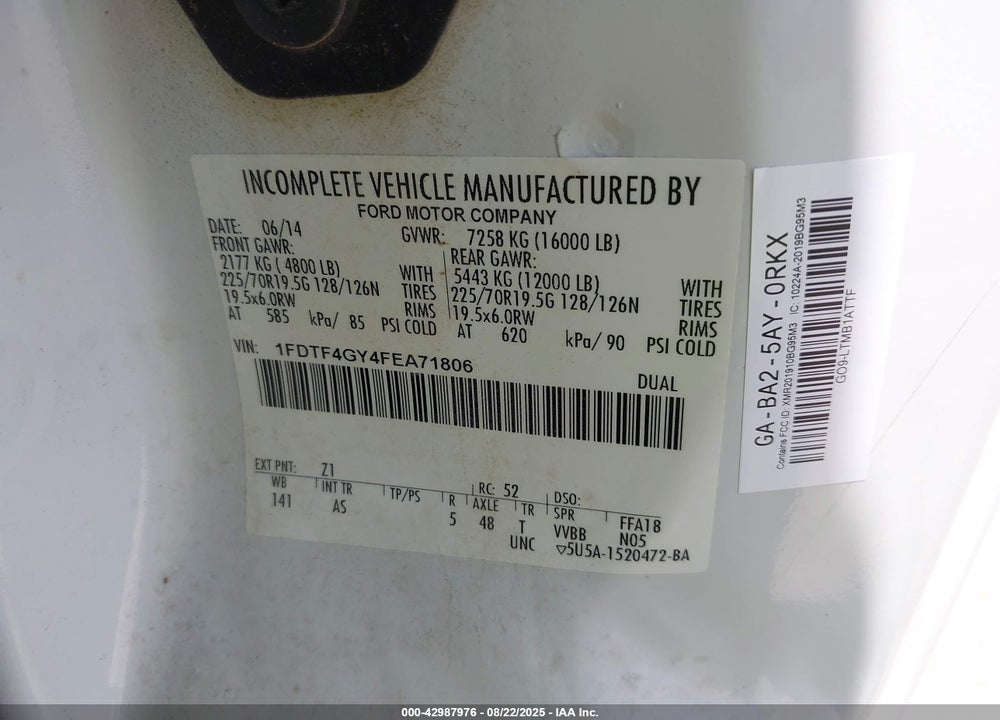2015 FORD F-450 CHASSIS VIN: 1FDTF4GY4FEA71806