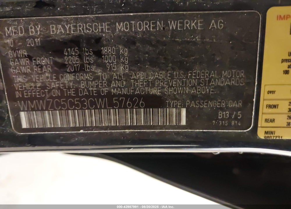 2012 MINI COOPER VIN: WMWZC5C53CWL57626