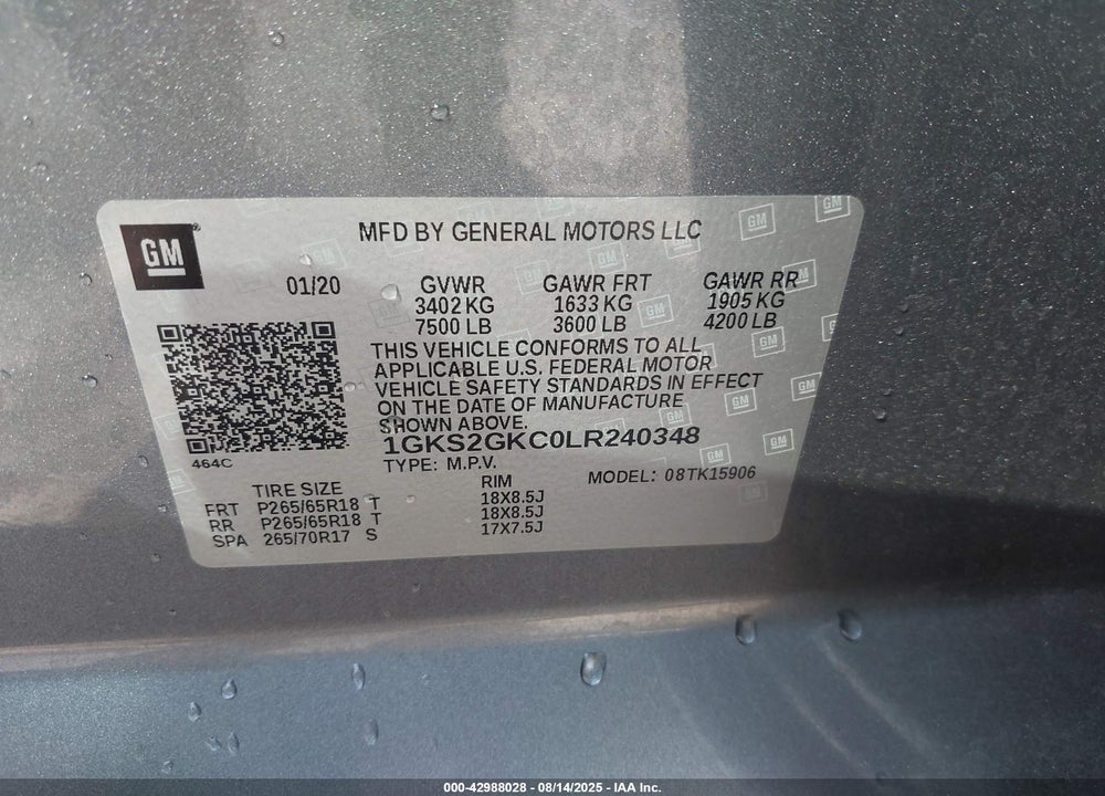 2020 GMC YUKON XL 4WD SLT VIN: 1GKS2GKC0LR240348