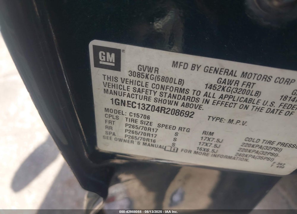 2004 CHEVROLET TAHOE LT VIN: 1GNEC13Z04R208692