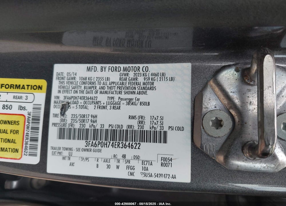 2014 FORD FUSION SE VIN: 3FA6P0H74ER364622