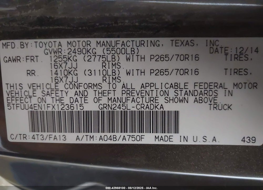 2015 TOYOTA TACOMA VIN: 5TFUU4EN1FX123615