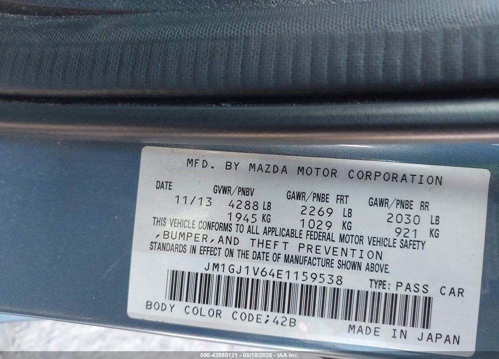 2014 MAZDA 6 VIN: JM1GJ1V64E1159538