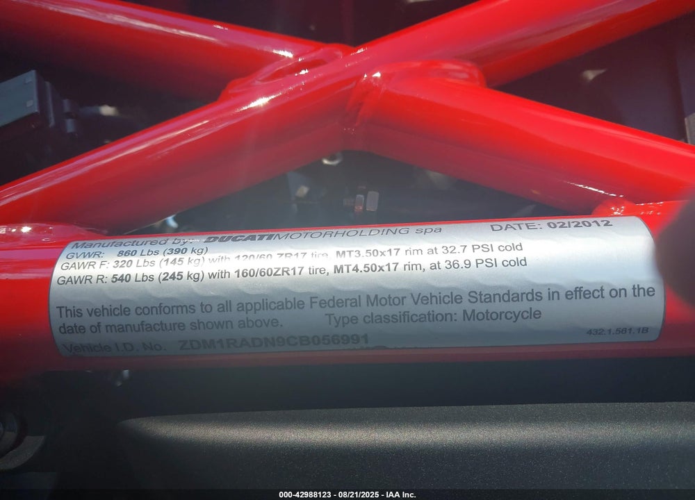 2012 DUCATI MONSTER 696 VIN: ZDM1RADN9CB056991
