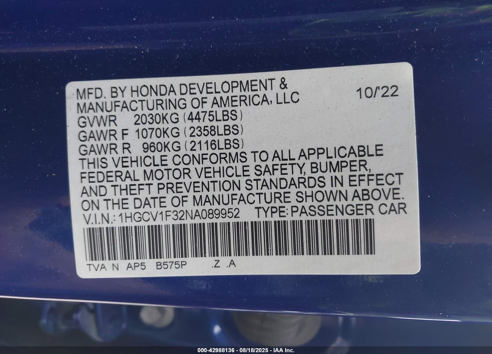 2022 HONDA ACCORD VIN: 1HGCV1F32NA089952