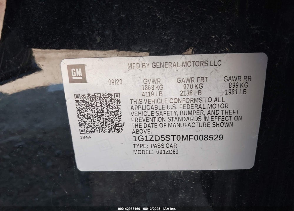 2021 CHEVROLET MALIBU FWD LT VIN: 1G1ZD5ST0MF008529