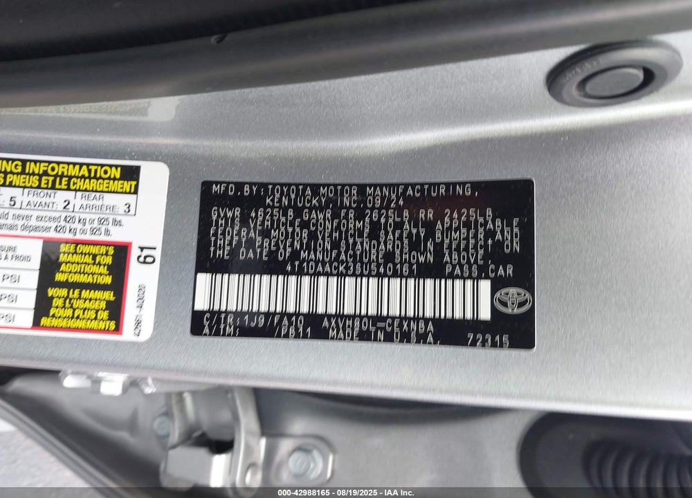 2025 TOYOTA CAMRY VIN: 4T1DAACK3SU540161