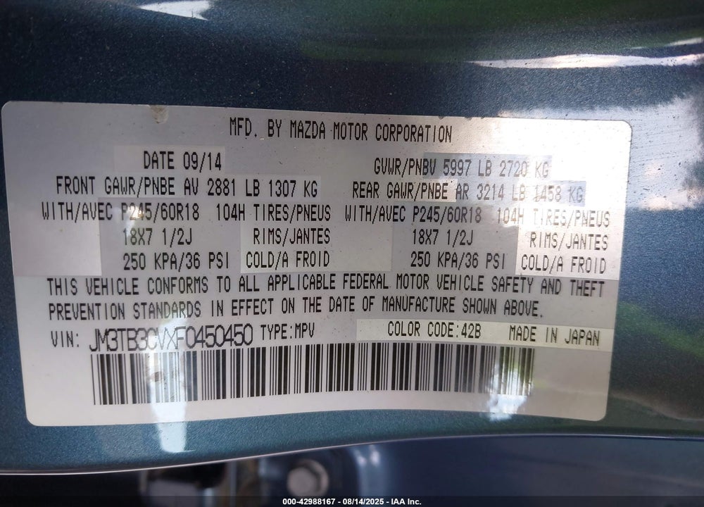 2015 MAZDA CX-9 VIN: JM3TB3CVXF0450450