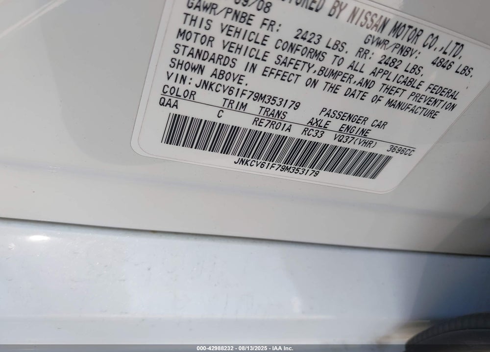 2009 INFINITI G37 VIN: JNKCV61F79M353179