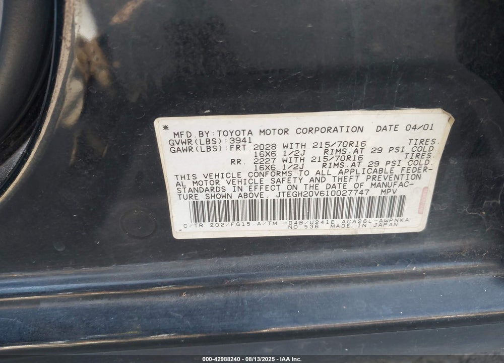 2001 TOYOTA RAV4 VIN: JTEGH20V610027747