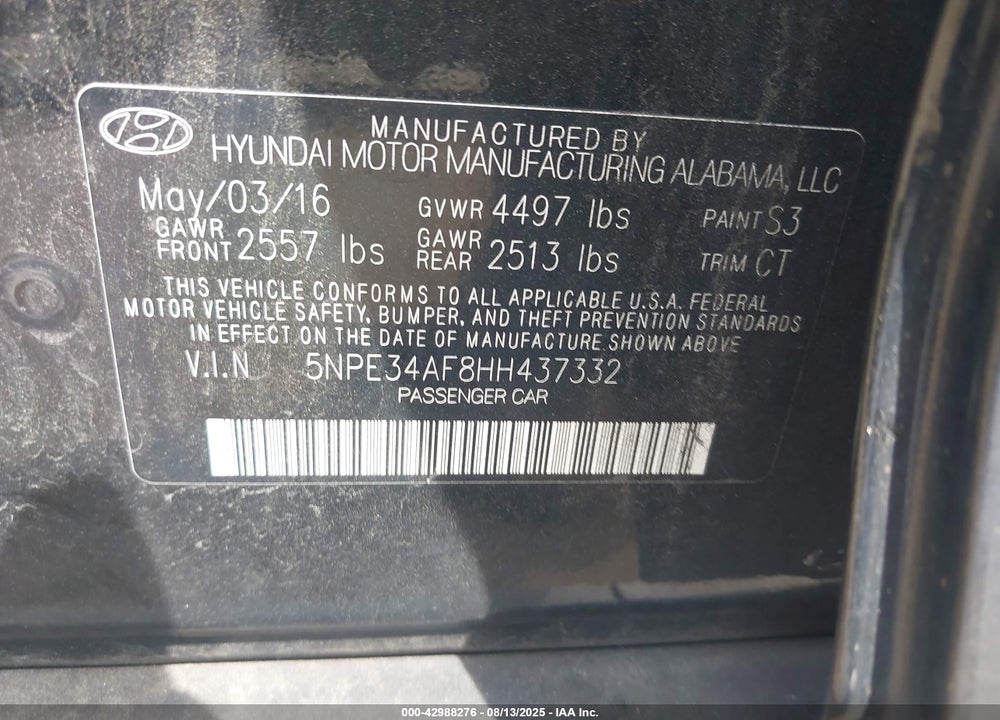 2017 HYUNDAI SONATA VIN: 5NPE34AF8HH437332
