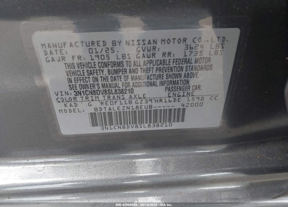 2025 NISSAN VERSA 1.6 S+ VIN: 3N1CN8DV8SL838210