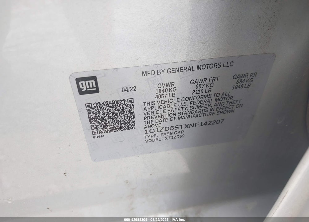 2022 CHEVROLET MALIBU FWD LT VIN: 1G1ZD5STXNF142207