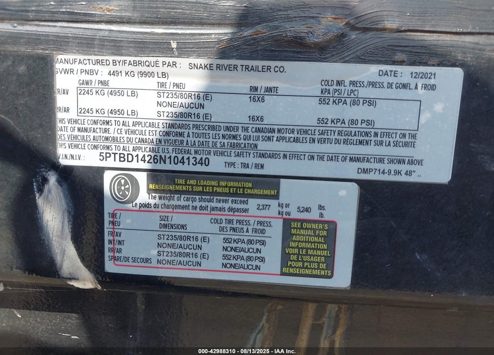 2022 SNAKE RIVER TRAILER VIN: 5PTBD1426N1041340